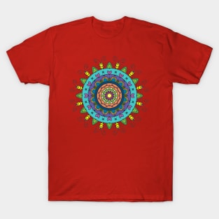 Colorful Mandala with Hearts and Bugs on Orange T-Shirt